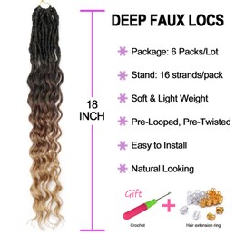 FANWYFYU 18 Inch Deep Faux Locs Crochet Hair, 6 Packs Soft Locs Crochet Hair, Pre-Looped Curly Wavy Goddess Locs Crochet Braids Deep Wave Locs for Women (1B/30/27)