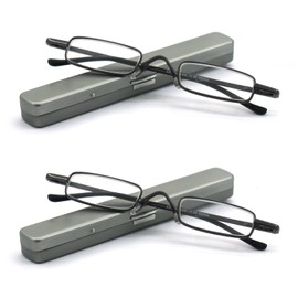 EYE ZOOM 2 Pack Metal Super Light Mini Reading Glasses with Compact Case, Gunmetal, +3.00