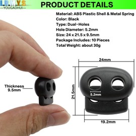LRMYS Dual-Holes Spring Cord Locks Set, Double 5mm Holes Loaded Plastic Round Cord Ends Stopper Fastener Oval Toggle Locks, Black 10 Pack