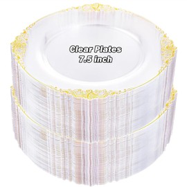 100 Set Clear Plastic Plates Gold Rim 7.5" Heavy Duty Disposable Party Plate Bulk Small Round Dessert Plates Appetizer Serving Trays Dinnerware for Wedding Christmas Gathering Cocktail Tea Parties