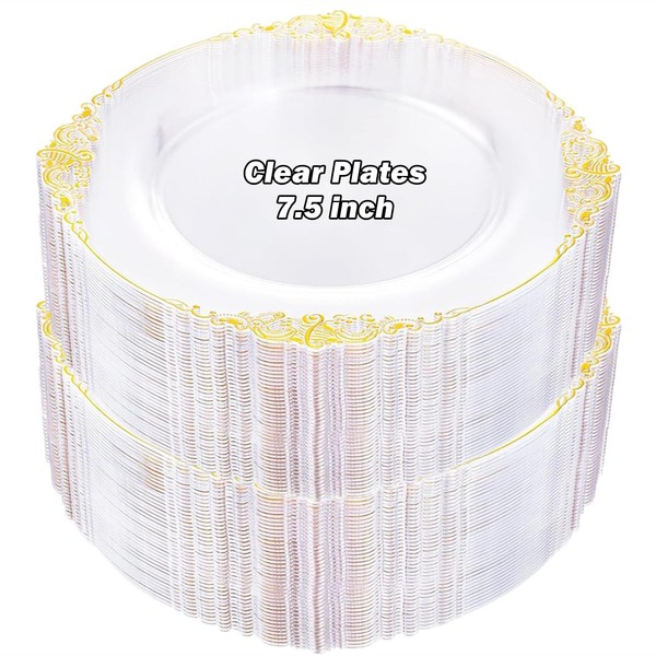 100 Set Clear Plastic Plates Gold Rim 7.5" Heavy Duty