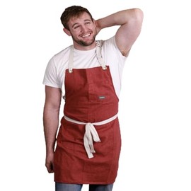 Caldo Linen Kitchen Apron for Cooking - Mens and Womens Linen Bib Apron (Burgundy)