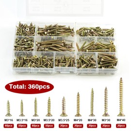 360 Pcs Small Wood Screws Assortment Kit, M3/M3.5/M4 Flat Head Self-Tapping Screws Assortment Kit Phillips Drive Self Tapping Screw for Thin Metal Wood Plastic