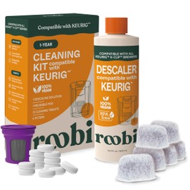 Keurig Compatible Descaling Solution & Cleaning Kit. Includes 1 Bottle of Keurig Descaler, 12 Cleaning Tablets, 1 Reusable Pod and 6 Water Filters. Carbon Neutral. 1 Year Supply.