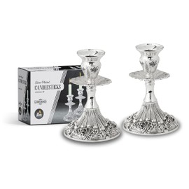 Silver Plated Candlesticks - 2 Pack Set - Pair of 5 Inch Ornate Candle Holders with Round Base and Floral Design