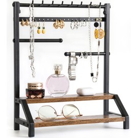 Rusnugic Jewelry and Perfume Organizer Stand - Sturdy Jewelry Stand with Two-Tiered Shelf for Perfume Organizer, Necklace Holder Jewelry Tower Storage Rack for Bracelets Earrings Keys Watches (Black)