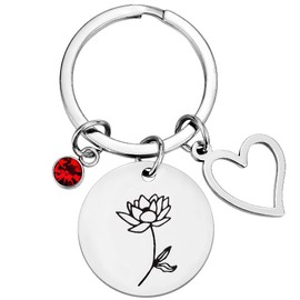 Reizteko Birth Flower Dainty Hand Stamped Flower with Heart Charm & Birthday Stone keychain Birthday Gift Mother's Day Gift (July-waterlily Key)