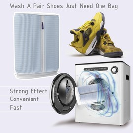 Huglist Shoe Washing Machine Bag - Dual Shoe Bag for Washing with Adjustable Shoe Trees, Laundry Shoe Bag for 2 Shoes, Fluffy Fiber, Wrap-around Cleaning, Olive-shaped Design, Durable Zipper, Blue