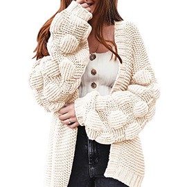FERBIA Women Oversized Cardigan Knitted Cute Chunky Sweaters Wrap Long Fall Pom Pom Open Front Knit Beige