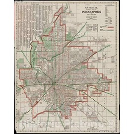 Historical Map, 1921 National Street map of Indianapolis and Environs, Vintage Wall Art : 24in x 30in