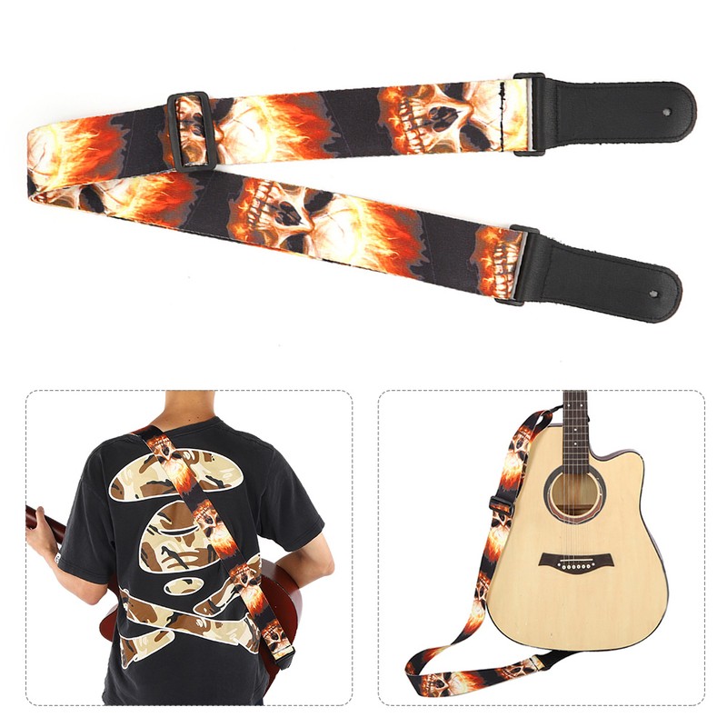 Leather Shoulder Strap Guitar Parts Flame‑Skull‑Pattern Print‑Type Adjustable Length