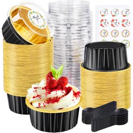 ZOXILEN - 60 sartenes para tartas con tapas, papel de aluminio, 5 onzas desechables con tapas, cucharas redondas, pequeñas para hornear, recipientes para tarta de queso para fiestas, color negro y