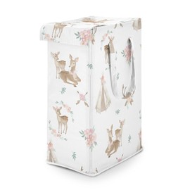 Sweet Jojo Designs Woodland Deer Floral Girl Laundry Hamper Foldable Dirty Clothes Basket with Handles Baby Nursery Kids Bedroom Teen Bathroom Pink Green Boho Watercolor Bohemian Forest Animals Shabby