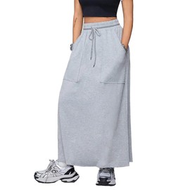 SOFIA'S CHOICE Women's Drawstring Maxi Skirt with Pockets High Waist A Line Long Skirts Grey Small