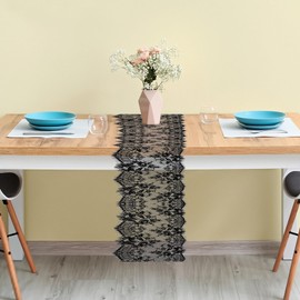 SLYB Black Lace Table Runner - 14x118 Inch Elegant Vintage Table Runner for Weddings, Bridal & Baby Showers, Romantic Party Decor (1PC, Delicate Floral Pattern, Premium Polyester Lace)