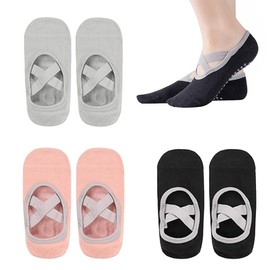 3 Pairs Yoga Socks for Women, KISUOMAOYI Non-Slip Pilates Socks with Straps, Cotton Grip Socks for Pilates, Ballet, Hospital, Home, Sweat Absorption, Barefoot Workout, Dance, Fitness (Black&Grey&Pink)