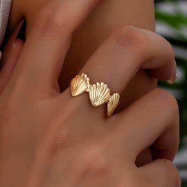 TseenYi Shell Ring Gold Shell Adjustable Ring Shell Open Ring Open Shell Personality Ring Boho Ocean Kauri Statement Ring, Gemstone