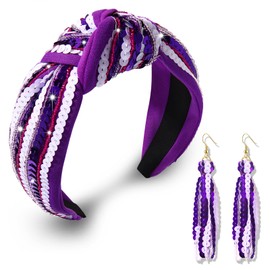 ARATLENCH Football Game Day Headband for Women Purple White Sequin Top Knot Headband Earrings College Football Team Spirit Sports Outfit Accessories for Football Mom