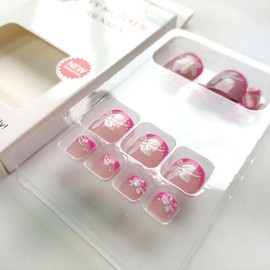 Hot Pink Press on Toenails French Tip Fake Toenails White Flower Cover Toe Nails Glossy Acrylic False Toenail with Small Flower Dot Designs Artificial Glue on Toenails for Women Nail Decor