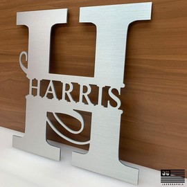 JASS GRAPHIX Harris 12" Brushed Aluminum Monogrammed Sign Door Wall Decor Last Name Signs for Home