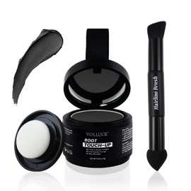 VOLLUCK Root Touch up Cream to Powder Formula – Strong Coverage for Thinning Hair & Grey Hair Cover up – Dual-End Brush & Sponge Applicator – Upgrade Hairline Powder for Men & Women (Black)