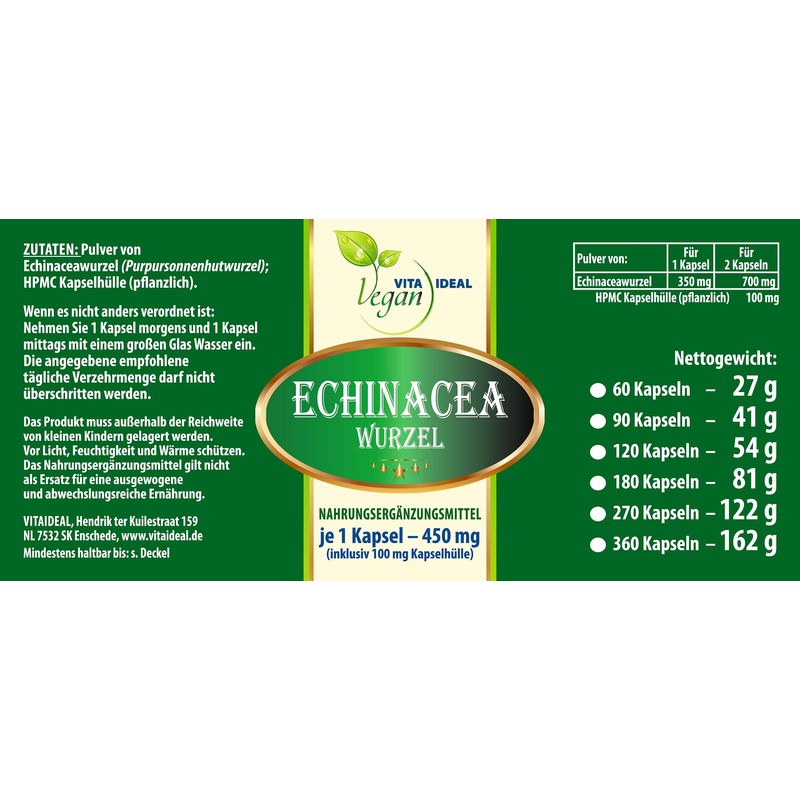Vitaide Vegan® Echinacea Root (Purple Coneflower Root) 180 Vegetable Capsules