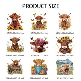 arricraft 9 Sheets Plastic Iron-On Transfer Logo Stickers, Highland Cow Sunflower Pattern Heat Transfer Film Sticker Set for DIY Hats Jackets T-Shirts Bags Curtains Decorative Accessories