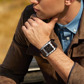 Oidea Punk Leather Cuff Watches for Men: Vintage Rectangular Steampunk Quartz Wrist Watches Wide Leather Strap Bracelet Watch Casual Business Wristwatch, Brown Leather Band