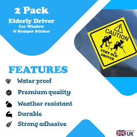 2-Pack "Caution Very Old Driver" Humorous Car Window & Bumper Sticker (100mm x 100mm) - Funny Elderly Driver Sticker