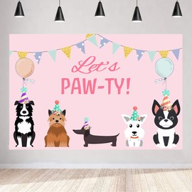 5x3ft Puppy Dog Happy Birthday Themed Backdrops Let's Paw-ty Doggy Pet Pink Girl Photography Backdrop Birthday Banner for Puppy Birthday Party Photo Booth Backdrop Vinyl Birthday Party Decorations