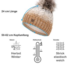 Faera Winter Hat - Warm Lined Faux Fur Bobble Hat - Fleece Lining - Winter Knitted Beanie Hat - Unisex, One Size - light brown