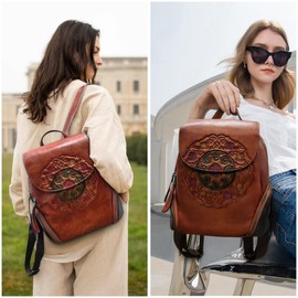 Zhuoliang Small Genuine Leather Backpack Purse for Women Fashion Vintage Embossed Totem Backpack Brown