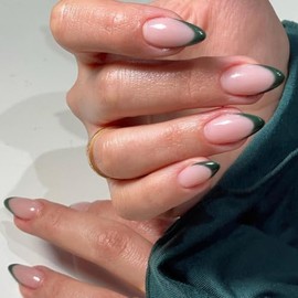 30 piezas de uñas postizas de color verde oscuro con punta francesa, uñas cortas con forma de almendra, uñas acrílicas, uñas postizas de color nude na