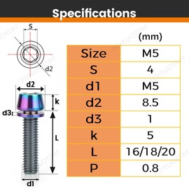 6 pcs M5 x 18 Titanium Allen Hex Bolts with Washer Screws & Wrench, for Bicycle Stems/Bike Handlebars/Brake Systems/Motorcycles/Camping Gear, Tapered Head Anti-Corrosion Fasteners(Rainbow)