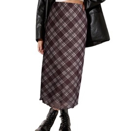 Avanova Women Ditsy Floral Bohemian Mesh Midi Skirt Elastic High Waisted Flowy Summer Long Skirt, Plaid Brwon, Small