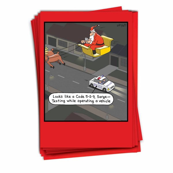 NobleWorks - 12 Funny Cartoon Cards for Christmas - Holiday Humor, Boxed Stationery Notecard Set (1 Design, 12 Cards) - Texting While Sleighing B1676
