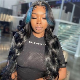 JYZ Skunk Stripe Wig Human Hair Lace Front Blue Highlights Wig Human Hair Wavy 13X4 HD Lace Front Wigs Human Hair 200% Density Highlight Wigs Human Hair Pre Plucked with Baby Hair 30inch Middle Part