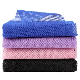 4 Pcs African Net Cloth, Exfoliating Boddy Scrubber, 31.5 Inch Long African Net Bath Sponge, Exfoliating Wash Cloths for Body, Skin Back Scrubber Cloth for Shower Daily Use, Pink/Purple/Black/Blue