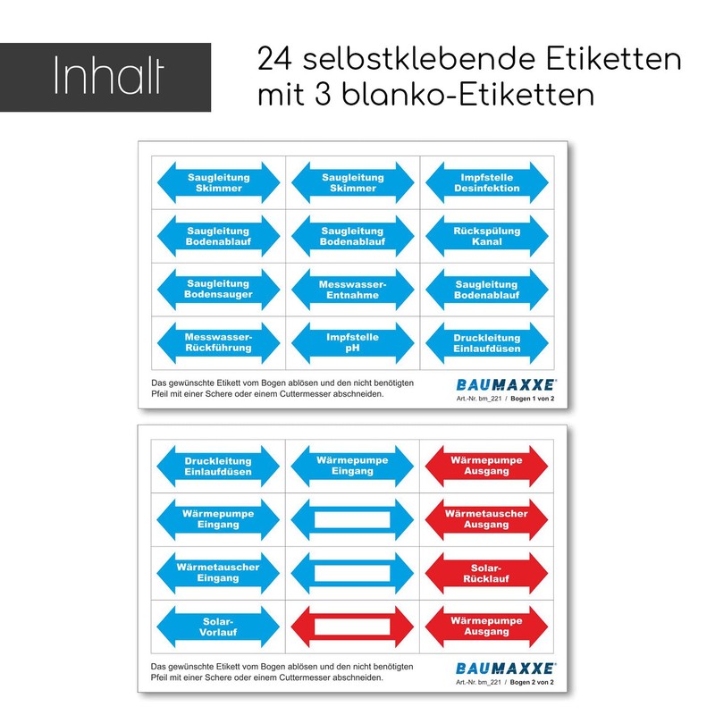 Labels for Pipe Labelling for Pool Piping, 24 Stickers, 50