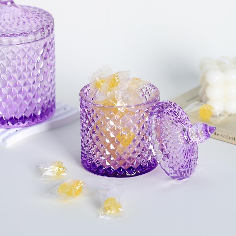 Sizikato Diamond Faceted Glass Candy Jar with Lid, 10oz Purple