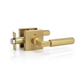 1 Pack Champagne Bronze Door Handle Square Doorknob with Lever Privacy Interior Door Handle for Bed and Bath (Push Button)