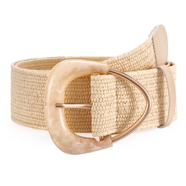 JASGOOD Straw Woven Elastic Waist Belt for Dresses Women Wide Boho Stretch Rattan Belt with Triangle Buckle