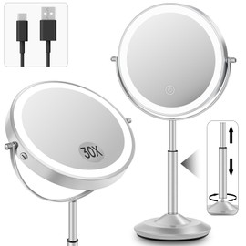 vpu Makeup Mirror with Lights, 1X/30X Lighted Magnifying Mirror Height Adjustable, 3000mAh Rechargeable Double Sided Vanity Mirrors with 3 LED Lighting and Adjustable Brightness for Desk Women Gift