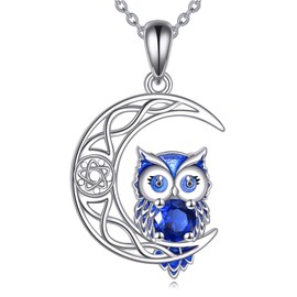Vadmans Owl Birthstone Necklace Sterling Silver Celtic Moon Pendant Royal Blue Cubic Zirconia Owl Jewelry September Birthday Gifts for Women