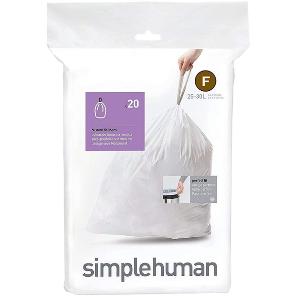 simplehuman Code F Custom Fit Drawstring Trash Bags, 25-30 Liter / 6.6-9 Gallon, White, 20 Count