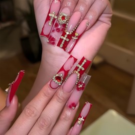 IMRAIN Red Press on Nails Long Square Fake Nails French Tips Acrylic Glossy False Nails with Golden Cross Charms & Rhinestone Designs Full Cover Luxury Artificial Nail Supplies 24Pcs