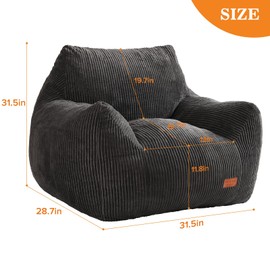 Vellorise Big Bean Bag Chair for Adults & Kids, Ultra Soft Living Room Bean Bag with Armrests, Stuffed BeanBag Floor Sofa for Napping, Gaming, Lounging, Dark Gray