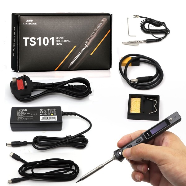 NovelLife Original TS101 Electric Soldering Iron Kit Adjustable Temperature Smart Digital Screen Display with TS B2 Solder Tip XT60 Power Cord USB Type C Cable 24V 3A Power Supply TS100 Upgrade