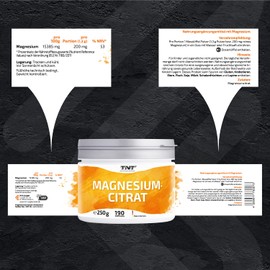 TNT Magnesium Citrate Pulver (250g) • Vegan, hochdosiert & laborgeprüft • 200mg reines Magnesium pro Portion • (Neutral)