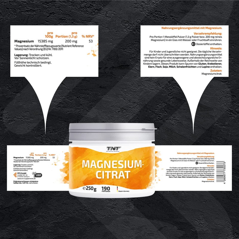 TNT Magnesium Citrate Pulver (250g) • Vegan, hochdosiert & laborgeprüft